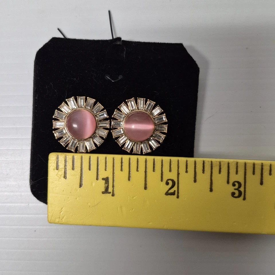 Kate Spade Pink Cabachon Moonglow Crystal Baguette "Pierced" Earrings Signed  - Image 3 of 4