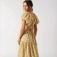 ASTR The Label Womens Green Floral Bubble Sleeve Tiered Midi Dress Size M