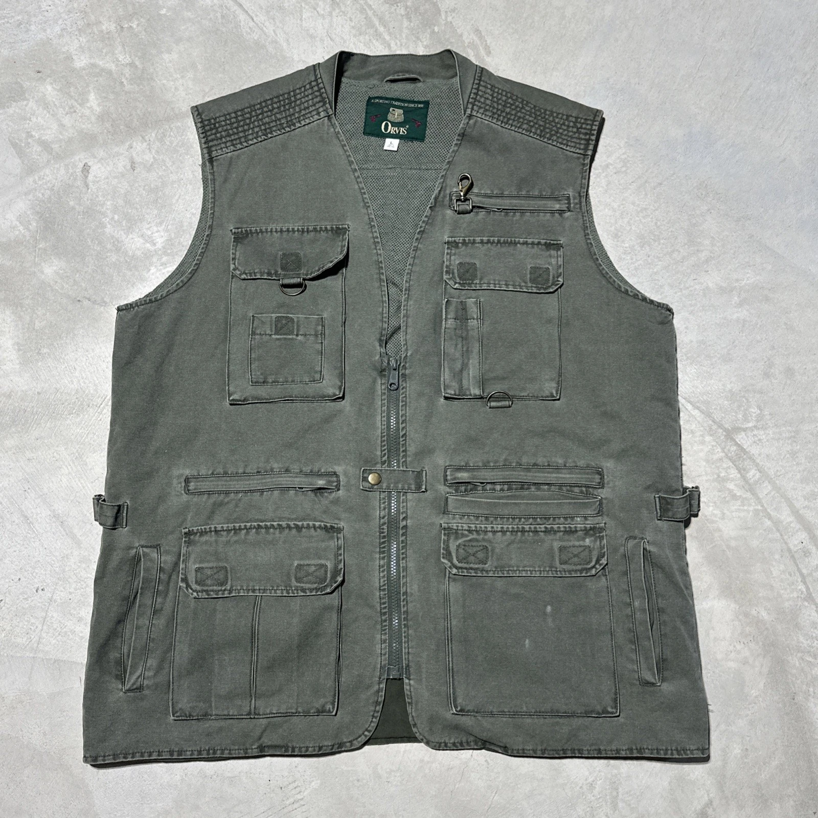 Vintage Orvis Fishing Vest Men’s SZ L Green Canvas Pockets Cotton Hong Kong