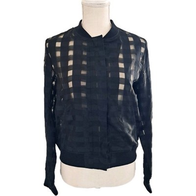ZARA Black Sheer Windowpane Grid Full Zip Bomber Jacket Womens Size Small