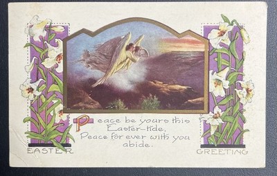 1922 Antique Easter Greetings Angel White Lilly Flowers 'Peace' Postcard