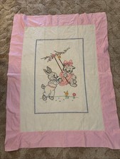 Vintage Child Quilt Embroidered Pink/White, Cross Stitch, Vintage  41” x 52”