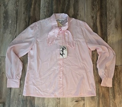 Shapely Vintage Pussy Bow Tie Secretary Career Blouse Pink Polyester Size 18