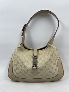 Vintage Gucci Beige GG Monogram Canvas Jackie Shoulder Bag Silver Hardware COA