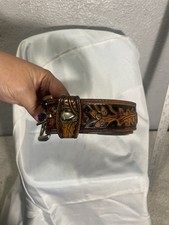 Vintage Larry Mahan Tooled Leather Belt Buckle Size 36 Western Acorns USA Made