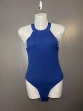 Happily Grey Bodysuit Womens Large Blue Ribbed Sleeveless High Neck Stretch
