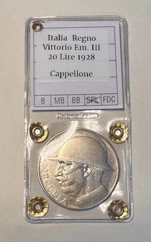 ITALY KINGDOM 20 LIRE 1928 LIRA CHAPELLONE VITT. EMANUEL III SILVER SEALED