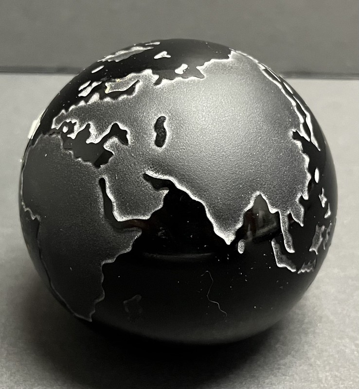 Hand Cut " CVRCEK"  Etched Black Crystal World Globe Paperweight-3 in, Lot #455