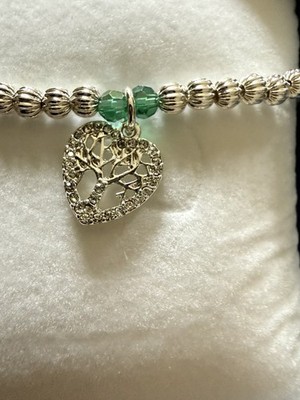 Byzanz Silber Rhodiniert Perlen Stretch Armband, Herz Lebensbaum Charm