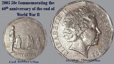 2005 50c WWII Remembrance CUD on Soldier's Helmet & Die Chip QE's Chin [1aa]