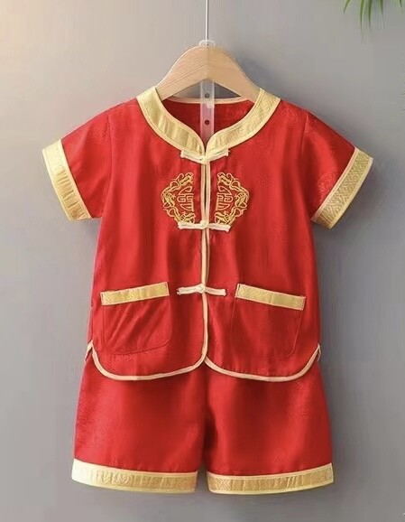 Kids Boy Girl Chinese New Year Traditional Red Tang Costume Short