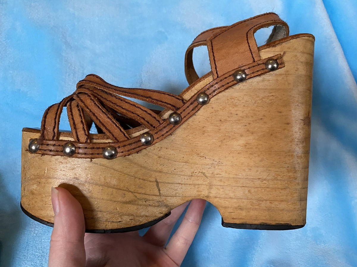 Vintage 70s 6.5 Wooden Platform Heels Sandals Leather 1970s Vintage 70s 6.5 Wooden Platform Heels Sandals Leather 1970s