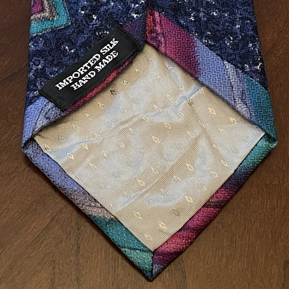 Albert Nipon Blue Purple Green Hand Made 100% Silk Men’s Neck Tie Made In USA - Image 2 of 4