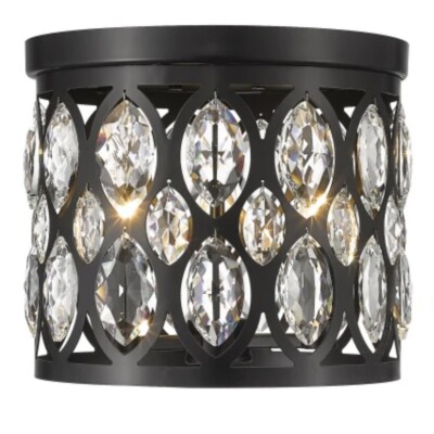 Z-Lite Dealey 3 Flush Mount Drum Ceiling Light Black Clear Crystal Ornaments