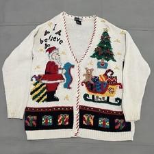 VTG Santa Claus Teddy Bear Tree Ugly Christmas Xmas Knit Cardigan Sweater-M-0819