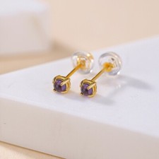 N02 Earrings Small Square Purple Amethyst Gold Plated Silver 925 Studs