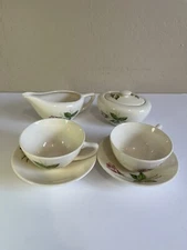 Tea Rose Sugar Bowl and Creamer, With Tea Cups, Saucers.