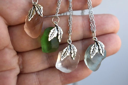 Sea Glass Pendant Necklace Aqua Blue Raw Stone Frosted Sea foam Crystal Chain
