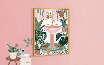 Botanisches Waschbecken Badezimmer Fliese Zimmerpflanzen hängend Makramee vielseitig Galerie Illus