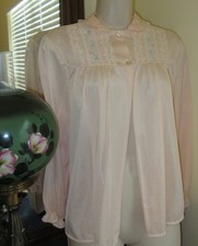1960's BED JACKET unbranded PEACHY PINK nylon LACE EMBROIDERY size MEDIUM USA