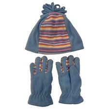 Girls Light Blue Fleece Striped Beanie Stocking Cap Hat Stretch Fit Gloves Set