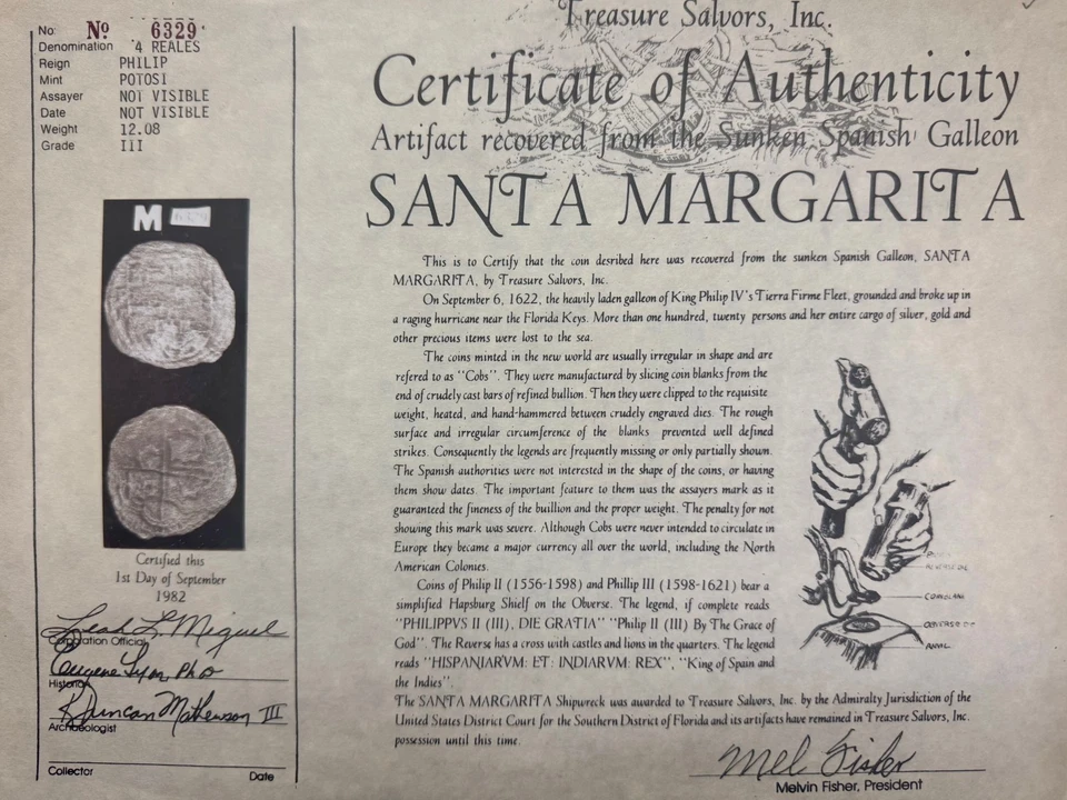 Naufragio Santa Margarita 4 reales. Moneda de plata interior bisel oro 14K Gr. 3 COA Foto 2 de 4