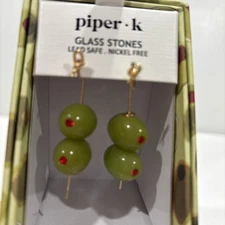 New PIPER .K Dangle Drop Earrings Cocktail Olives Glass Stones Olive Color
