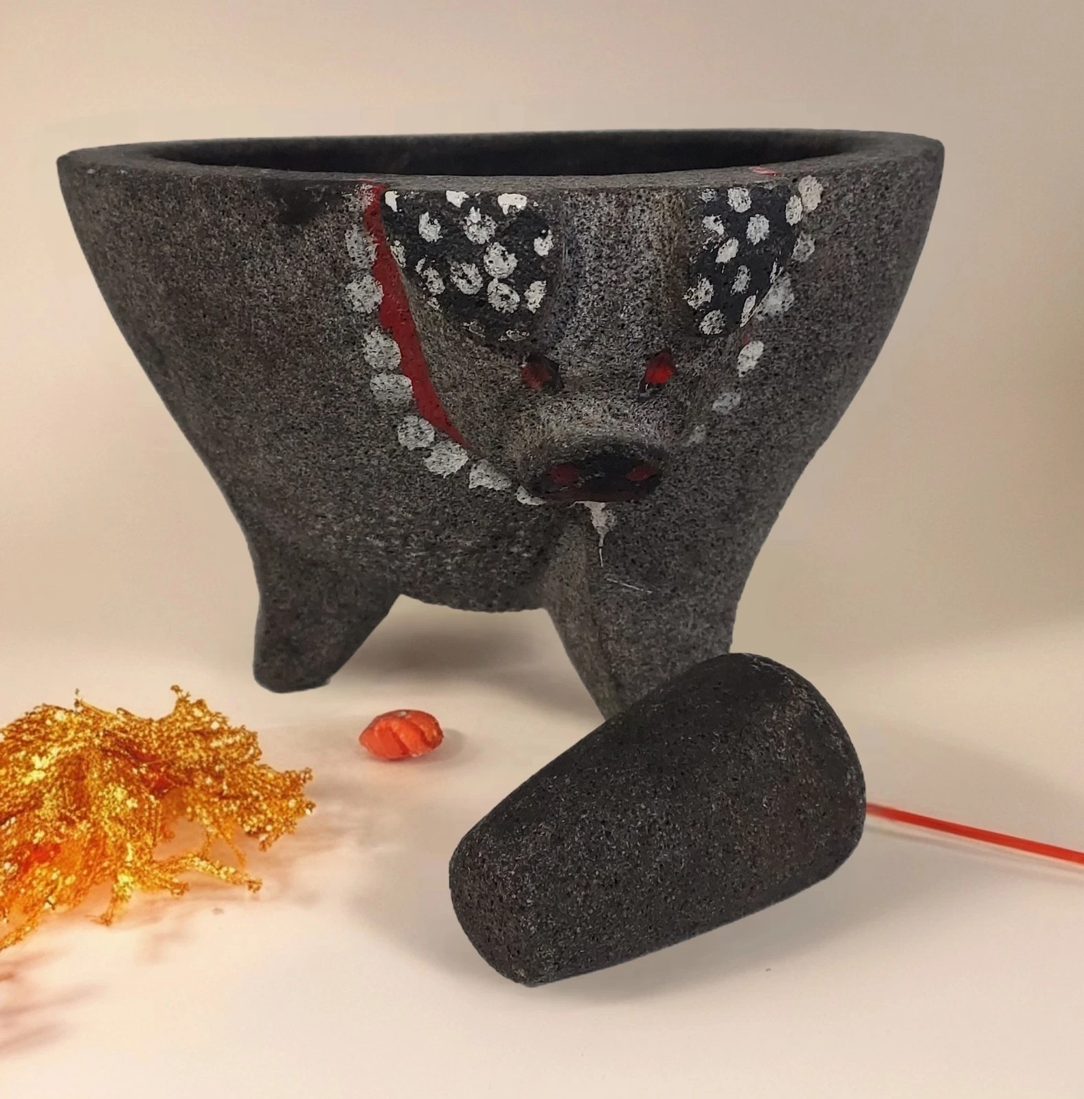Molcajete Herb Stone Mexican Manual Guacamole Salsa Maker Volcanic Lava Rock 9x6