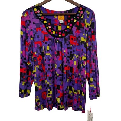 Ruby Rd Womens Large Tunic Top NWT Embellished Abstract Print Purple Stretch