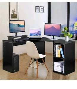 Bureau du coin de l'ordinateur & Moniteur Stand noir L en forme , Maison, Bureau, Bureau de jeux