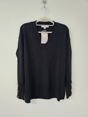 Julipa Womens Jumper Small Black VNeck Oversized Tunic Sweater Button Cuff