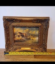Antico quadro olio su tavola paesaggio invernale ornato cornice dorata