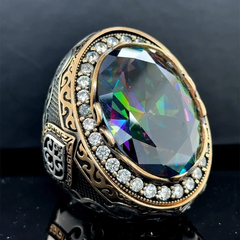 男式银色大号神秘黄玉戒指,彩虹宝石戒指 — 第 3/4 张图片