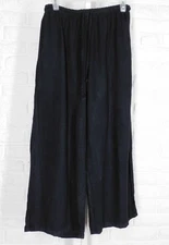 MATCH POINT Wide Leg Linen Pants Medium Weight Elastic Drawstring Black M L