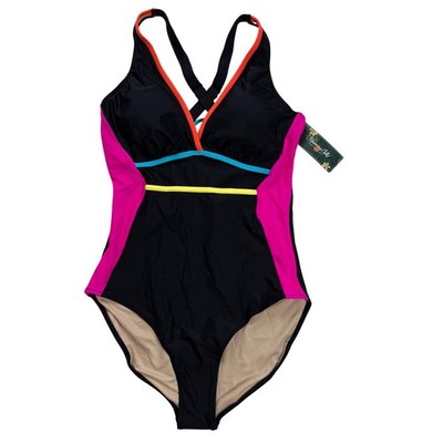 Blooming Jelly Womens Colorblock One Piece Swimsuit Neon Black Lace Up Back L