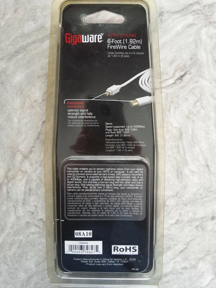 Gigaware 6 Foot(1.82m) FireWire Cable 4 PIN To 6 PIN 1500006 - Image 2 of 2