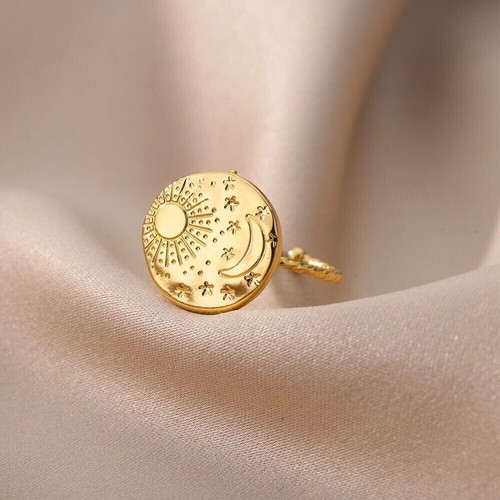 14k Yellow Gold Plated Antique Sun Moon Star Jewelry Adjustable Solid Men Ring - Picture 5 of 13