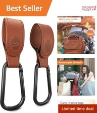 Stroller Hooks 2 Pack PU Leather Non-Slip Clips Carry 11 lbs Baby Essentials