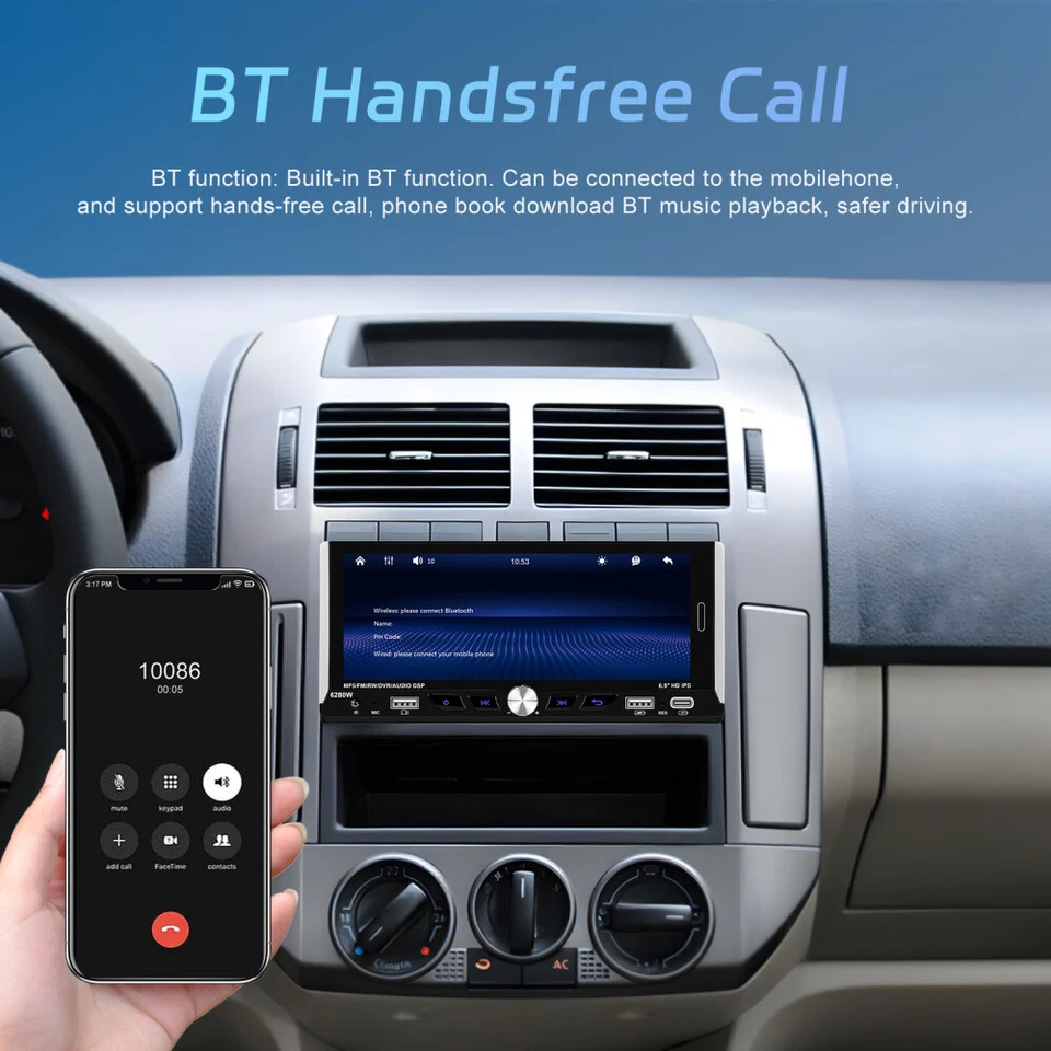 6.9" Autoradio 1Din Touchscreen Wireless Apple Carplay Android Auto FM Bluetooth - Bild 3 von 4