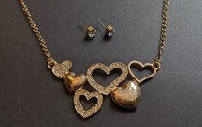 Hearts Necklace with Rhinestones Earrings in Gold Tone Metal Set