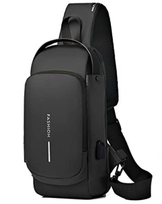 Sling Bag for Men Anti-Theft USB Crossbody Backpack Waterproof Chest Black