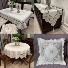 Vintage Embroidered Lace Tablecloth Dining Table Runner Doilies Mats Wedding