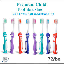 Premium Child Toothbrushes 27T Extra Soft w/Suction Cup 72/cs - Assorted Colors