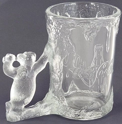 Vintage 1997 Coca-Cola Drinking Mug Frosted Glass Polar Bear Handle 3D 20oz
