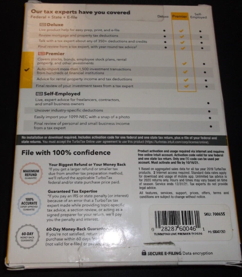 INTUIT TURBOTAX LIVE PREMIER 2020 INVESTMENTS/RENTAL FEDERAL/STATE E-FILE - Image 2 of 2