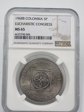 1968 B KOLUMBIEN 5 PESOS, EUCHARISTISCHER KONGRESS NGC MS65, AUSSERGEW&Ouml;HNLICH...