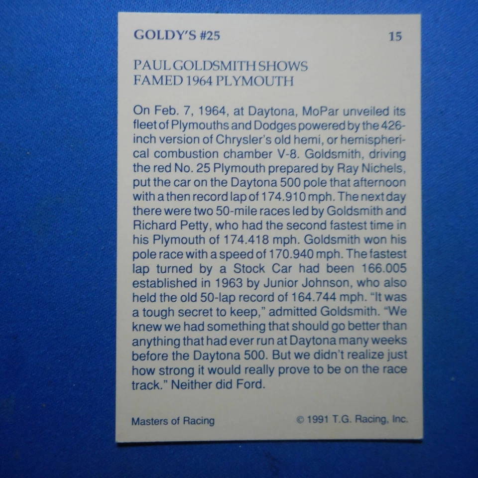 Paul Goldsmith signed 1991 TG MASTERS of RACING #25 1964 Plymouth GN/WC Card #15 - Image 3 of 3