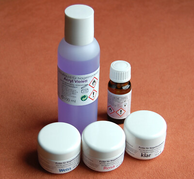 Acryl Set 100 ml Liquid + Primer 10 ml + 3 x Puder klar rosa weiß je 10 Gramm
