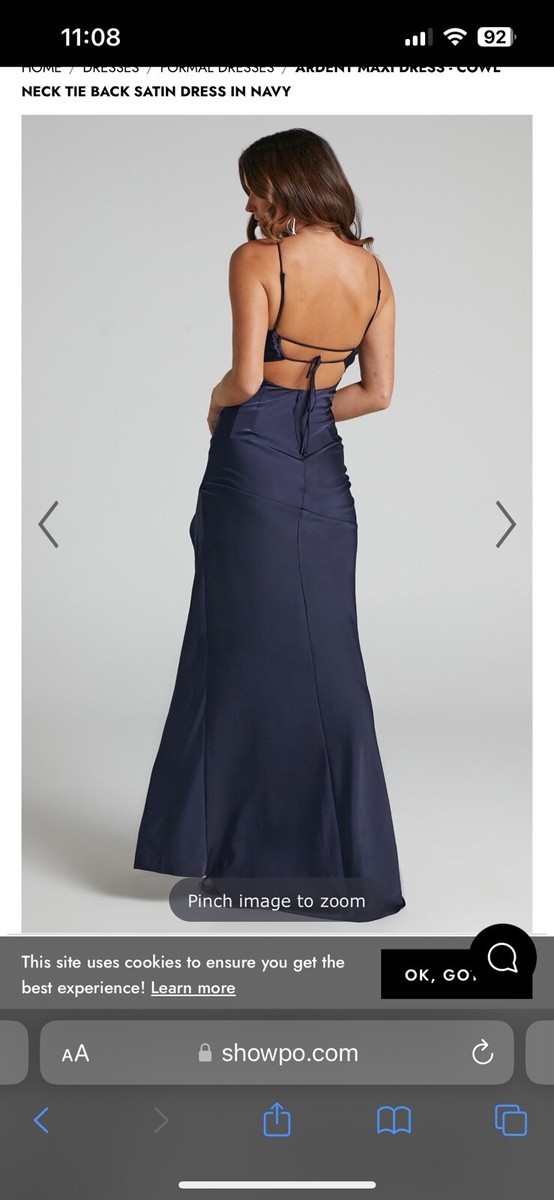 Showpo Ardent Maxi Dress Cowl Neck Tie Back Satin Dress in Navy Size 6