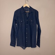 Vintage Wrangler Denim Pearl Snap Shirt Mens Size 16.5-37 Blue X-Long Tails EUC
